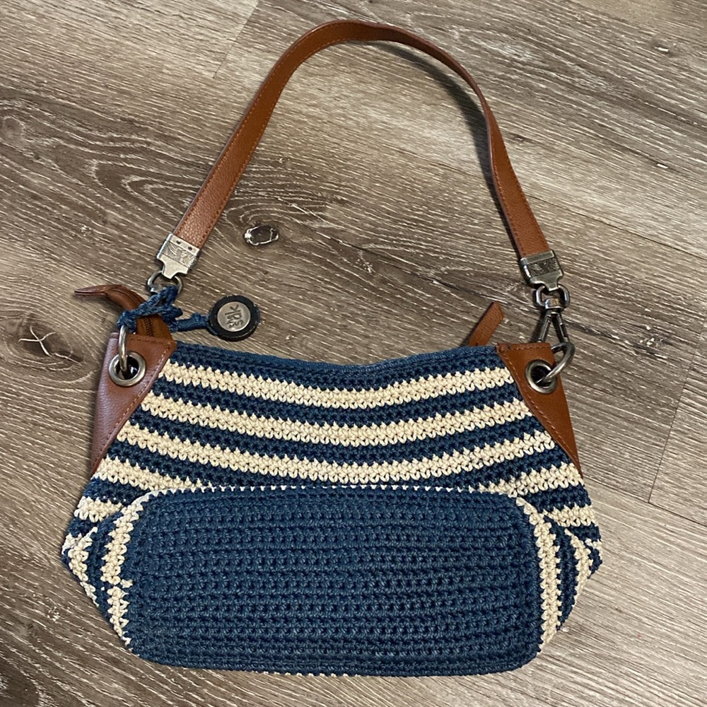The Sak Indio Purse Crochet Leather Strap Hobo Shoulder Bag Cream & Blue - Picture 3 of 4